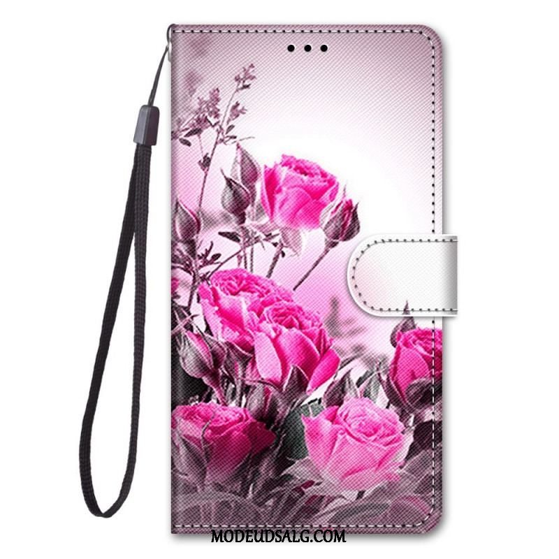 Læder Cover Samsung Galaxy M53 5G Med Snor Rem Blomster