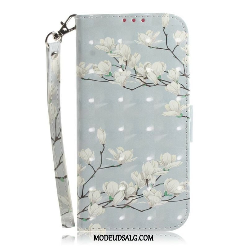 Læder Cover Samsung Galaxy S21 5G Med Snor Blomstrende Gren Med Rem