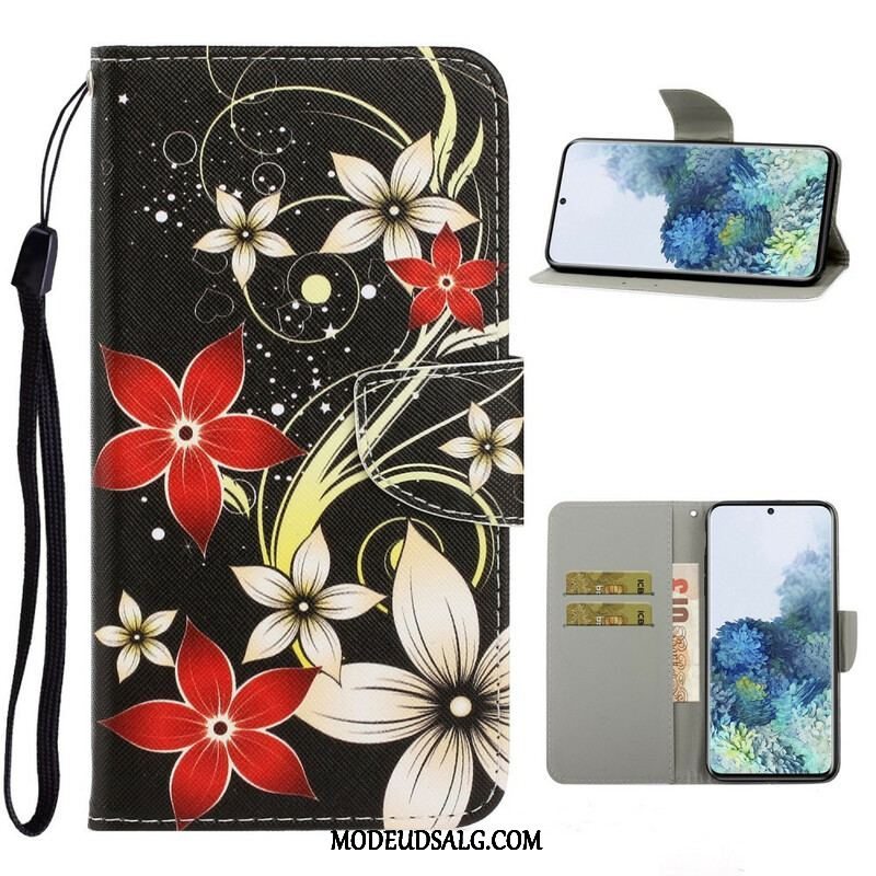 Læder Cover Samsung Galaxy S21 5G Med Snor Farverige Strappy Blomster