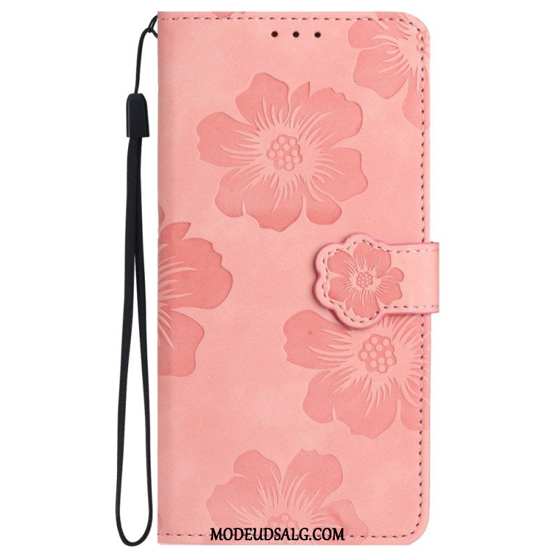 Læder Cover Samsung Galaxy S24 5g Telefon Etui Trykte Blomster Med Rem