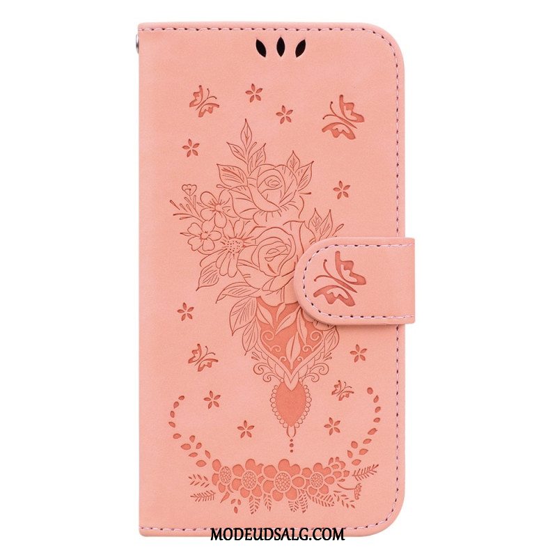 Læder Cover Xiaomi 14 Telefon Etui Rose Og Sommerfugle Mønster