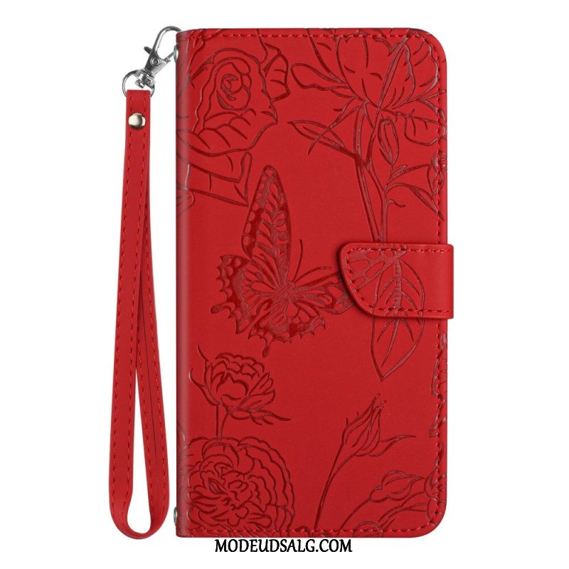 Læder Cover Xiaomi 14t Pro Telefon Etui Sommerfugle Og Blomster Mønster Med Rem