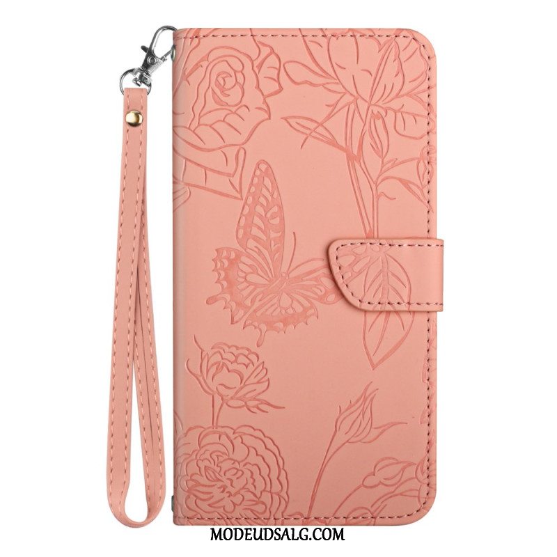 Læder Cover Xiaomi 14t Pro Telefon Etui Sommerfugle Og Blomster Mønster Med Rem