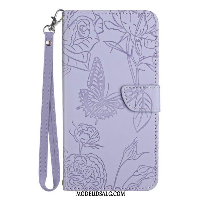 Læder Cover Xiaomi 14t Pro Telefon Etui Sommerfugle Og Blomster Mønster Med Rem