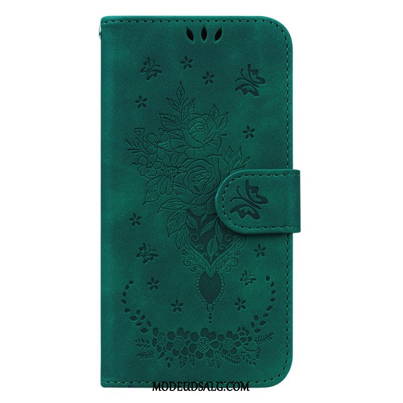 Læder Cover Xiaomi Redmi Note 13 5g Telefon Etui Rose Og Sommerfugle Med Rem