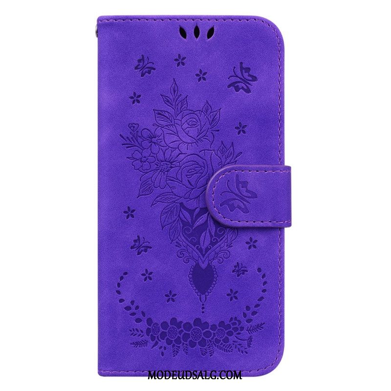 Læder Cover Xiaomi Redmi Note 13 5g Telefon Etui Rose Og Sommerfugle Med Rem