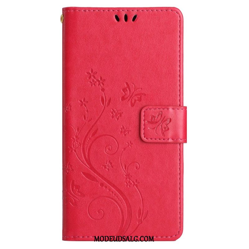 Læder Cover Xiaomi Redmi Note 13 Pro Plus 5g Blomster Og Sommerfugle Med Snor