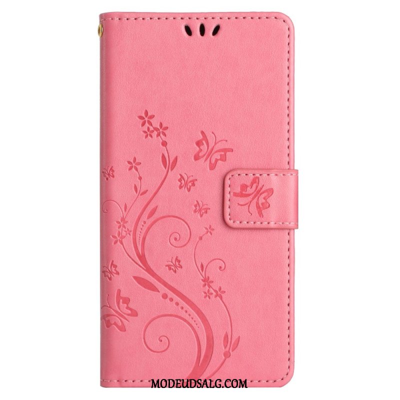 Læder Cover Xiaomi Redmi Note 13 Pro Plus 5g Blomster Og Sommerfugle Med Snor