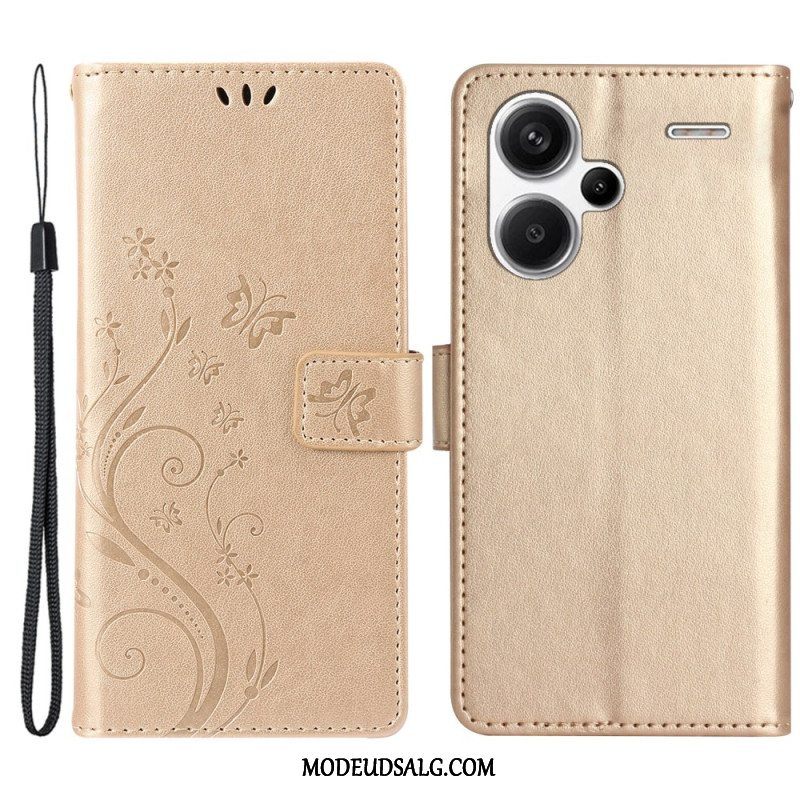 Læder Cover Xiaomi Redmi Note 13 Pro Plus 5g Blomster Og Sommerfugle Med Snor