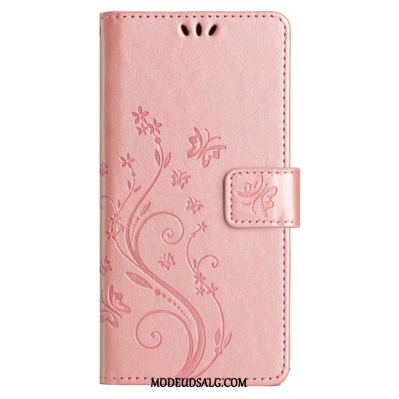 Læder Cover Xiaomi Redmi Note 13 Pro Plus 5g Blomster Og Sommerfugle Med Snor