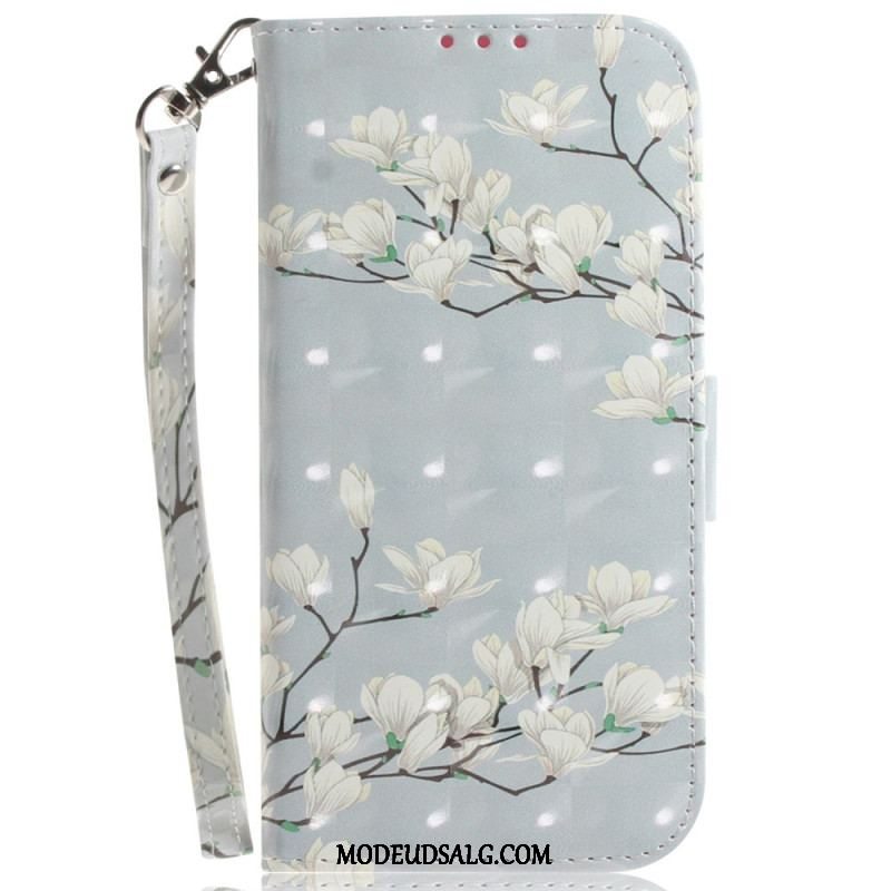 Læder Cover iPhone 15 Plus Med Snor Hvide Blomster Med Rem