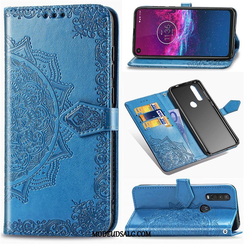 Motorola One Action Etui Prægning Cover Folio Læder Hængende Ornamenter