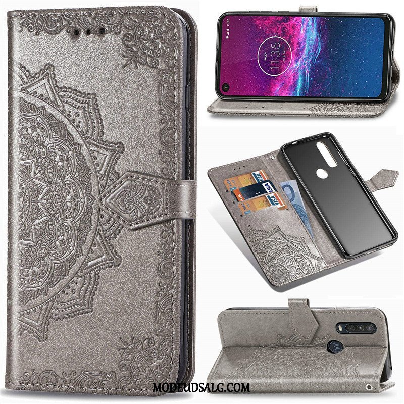 Motorola One Action Etui Prægning Cover Folio Læder Hængende Ornamenter