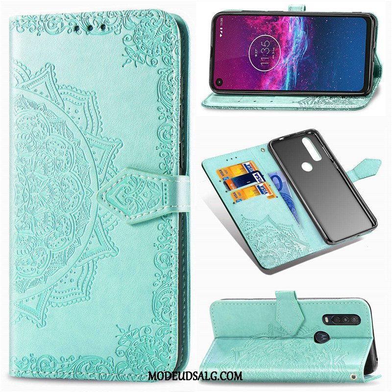 Motorola One Action Etui Prægning Cover Folio Læder Hængende Ornamenter