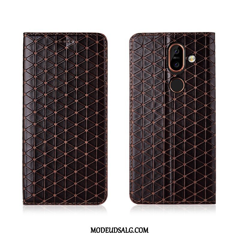 Nokia 7 Plus Etui / Cover Lædertaske Ny Ternede Folio Blød