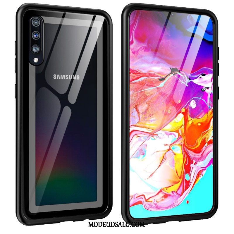 Samsung Galaxy A70 Etui Hærdet Glas Metal Cover Blå Lilla