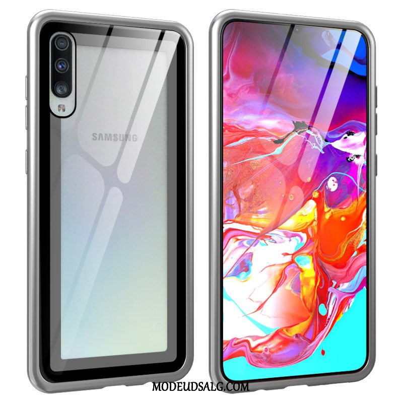 Samsung Galaxy A70 Etui Hærdet Glas Metal Cover Blå Lilla