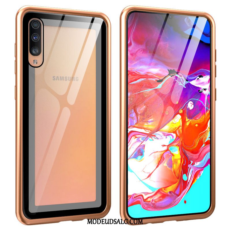 Samsung Galaxy A70 Etui Hærdet Glas Metal Cover Blå Lilla