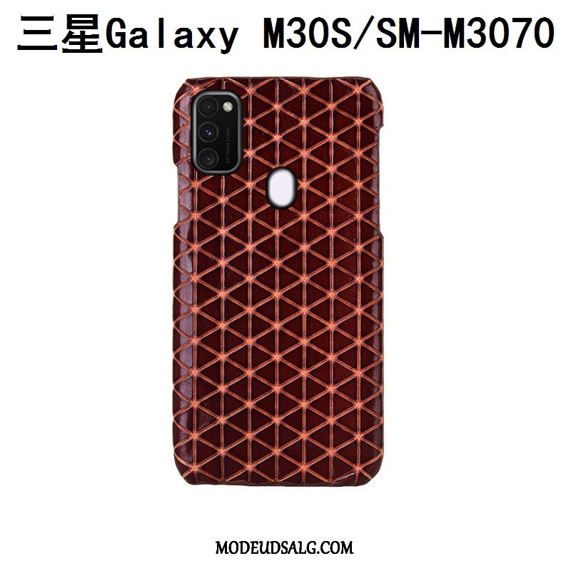 Samsung Galaxy M30s Etui Ægte Læder Luksus Ternede Blå Cover