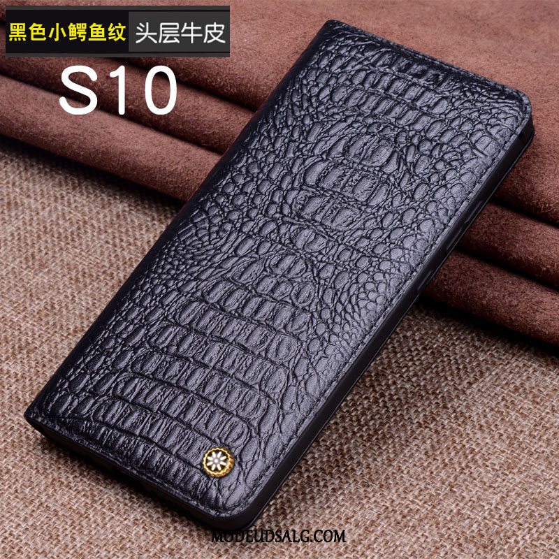 Samsung Galaxy S10 Etui Beskyttelse Ægte Læder Mønster Cover Sort