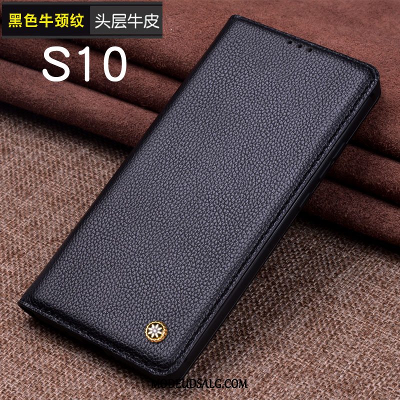 Samsung Galaxy S10 Etui Beskyttelse Ægte Læder Mønster Cover Sort