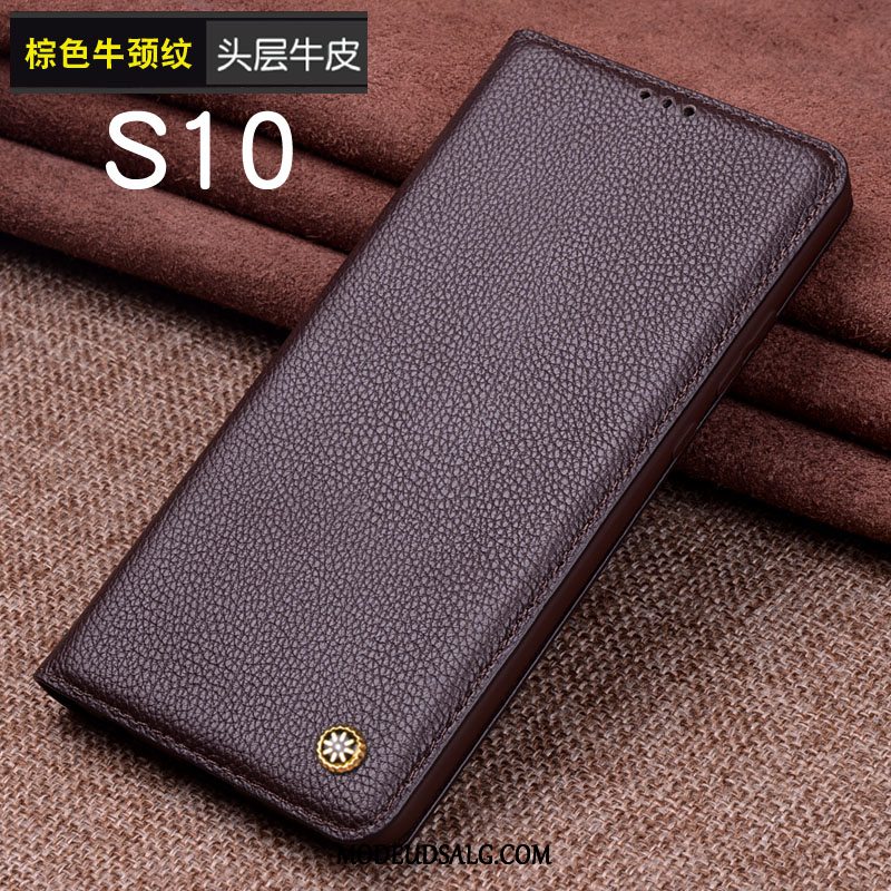 Samsung Galaxy S10 Etui Beskyttelse Ægte Læder Mønster Cover Sort