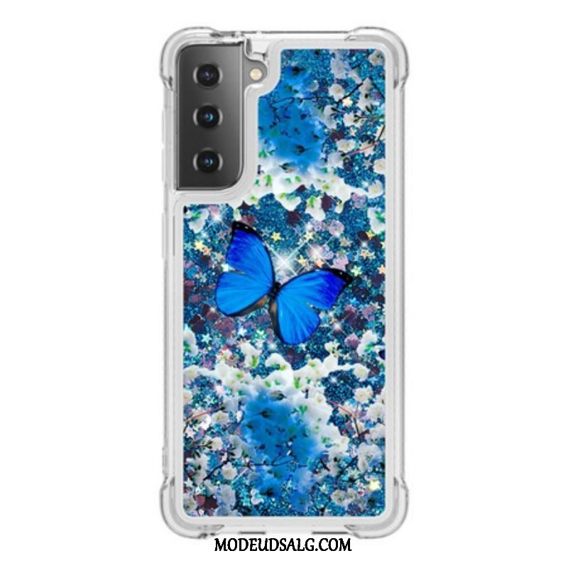 Cover Samsung Galaxy S21 5G Glitter Blå Sommerfugle