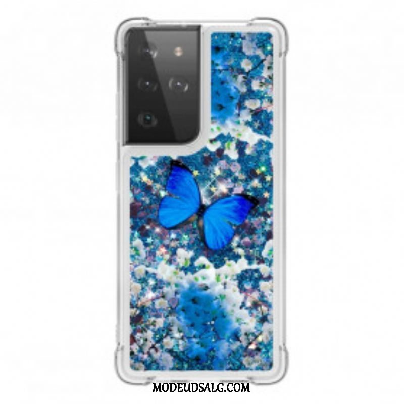 Cover Samsung Galaxy S21 Ultra 5G Glitter Blå Sommerfugle