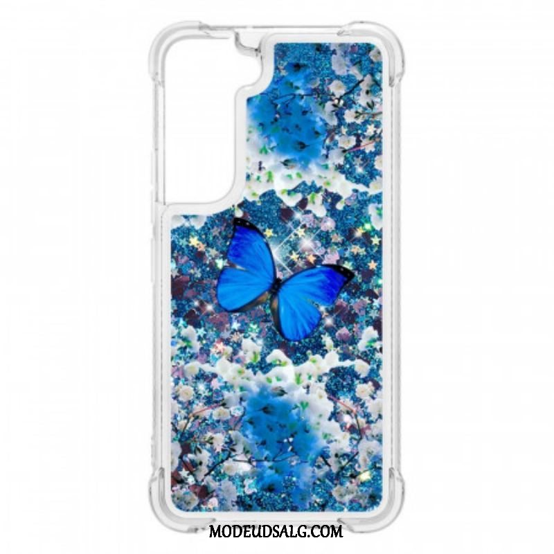 Cover Samsung Galaxy S22 5G Glitter Blå Sommerfugle