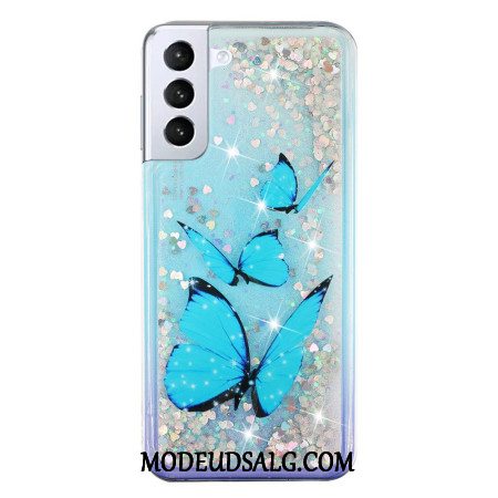 Cover Samsung Galaxy S24 Plus 5g Telefon Etui Blå Sommerfugle Flydende Glitter