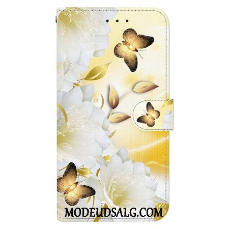 Flip Cover Motorola Edge 50 Neo Gyldne Sommerfugle Og Hvide Blomster