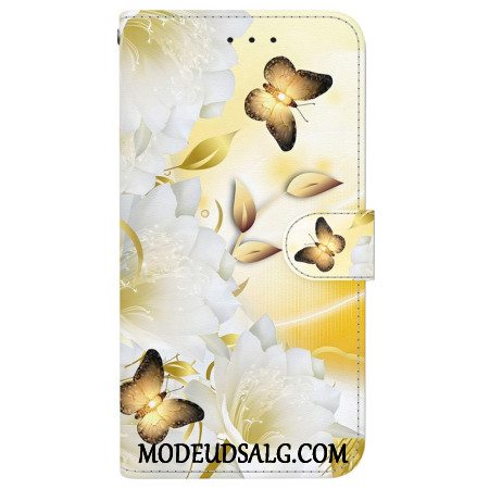 Flip Cover Motorola Edge 50 Pro Gyldne Sommerfugle Og Hvide Blomster Med Rem