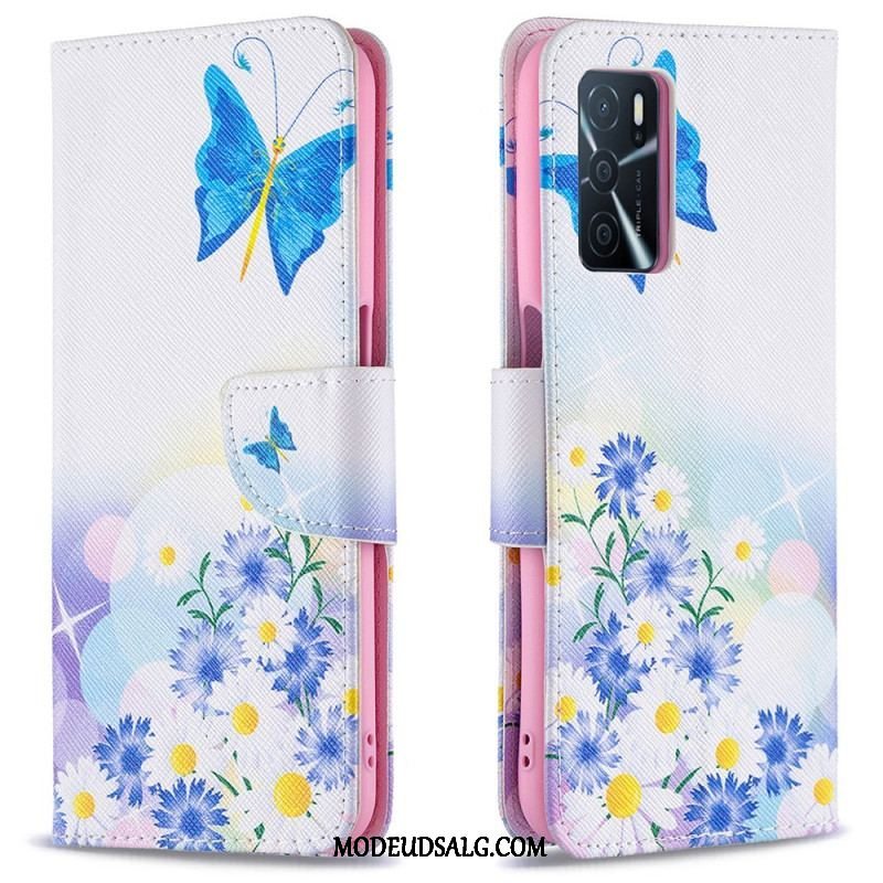 Flip Cover Oppo A16 / A16s Malede Sommerfugle Og Blomster