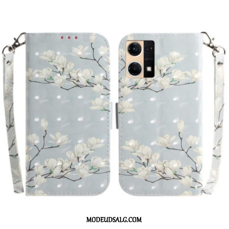 Flip Cover Oppo Reno 7 Gren Af Hvide Blomster