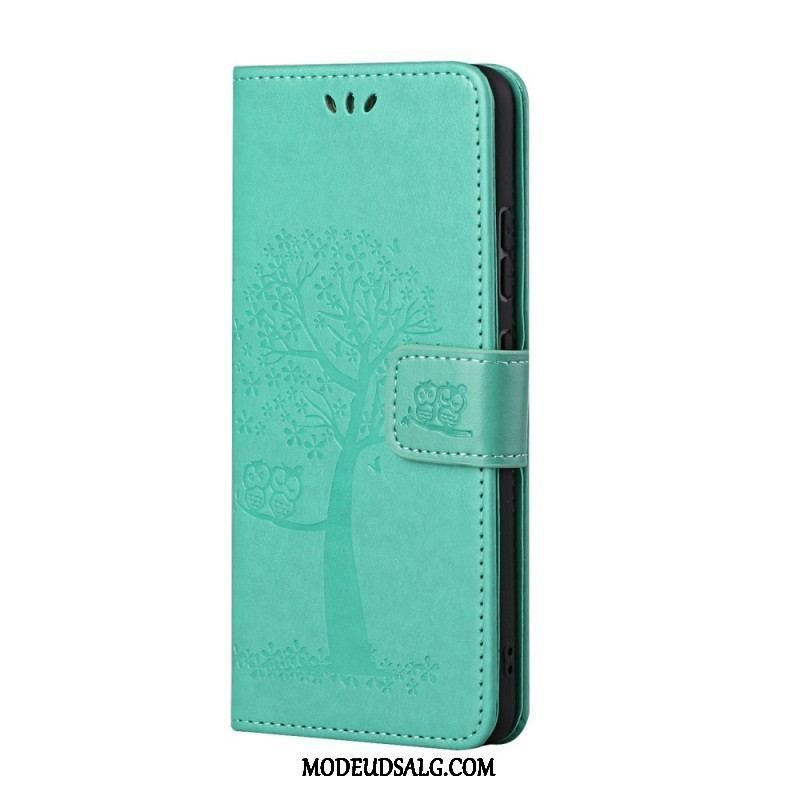 Flip Cover Samsung Galaxy A13 5G / A04s Med Snor Thong Træ Og Ugler