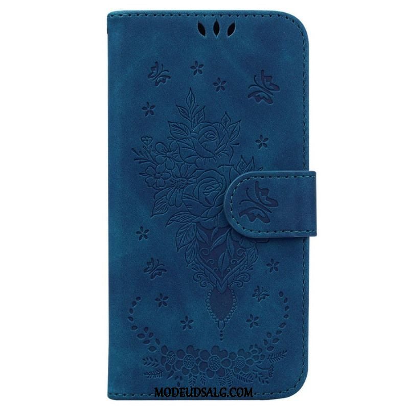 Flip Cover Samsung Galaxy M13 Med Snor Strappy Roser Og Sommerfugle