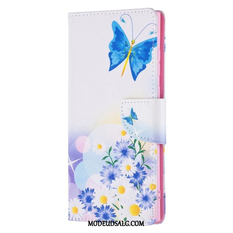 Flip Cover Samsung Galaxy S22 Ultra 5G Malede Sommerfugle Og Blomster