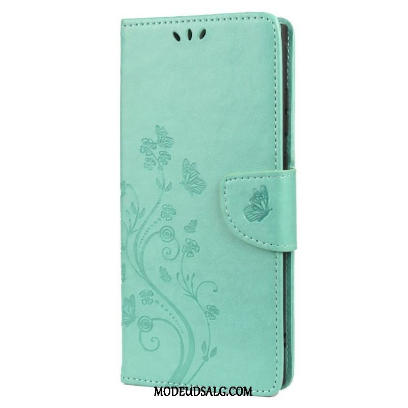 Flip Cover Samsung Galaxy S22 Ultra 5G Sommerfugle Og Blomster Med Snor