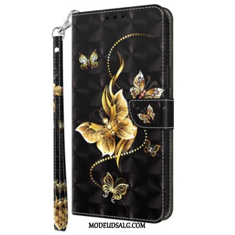 Flip Cover Samsung Galaxy S23 5G Med Snor Butterflies Guldrem