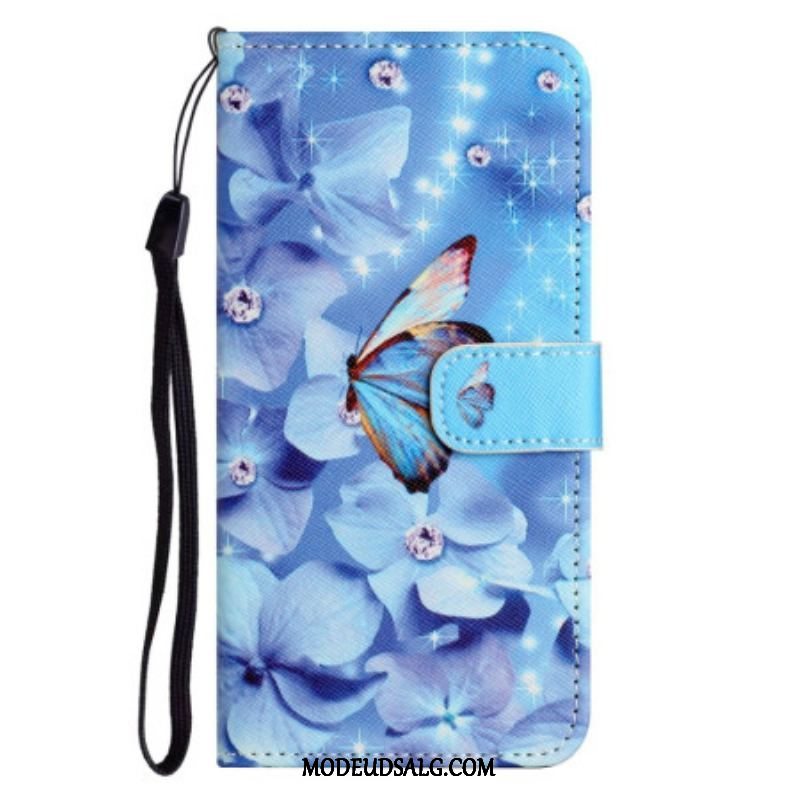 Flip Cover Samsung Galaxy S23 5G Med Snor Strappy Diamond Sommerfugle