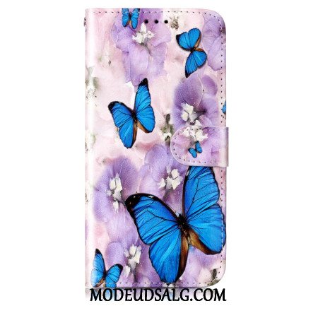 Flip Cover Til Samsung Galaxy S24 5g Lilla Blomster Og Sommerfugle Med Rem