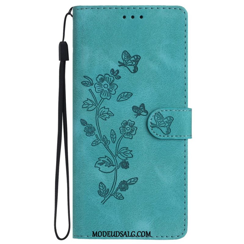 Flip Cover Til Samsung Galaxy S24 Plus 5g Trykte Blomster Og Snor