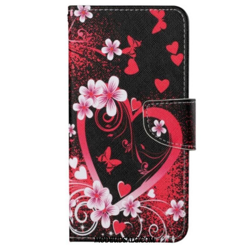 Flip Cover Xiaomi 12T / 12T Pro Blomster Og Hjerter Med Snor