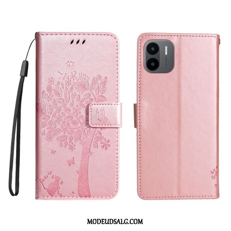 Flip Cover Xiaomi Redmi A1 Med Snor Træ Og Strappy Kat