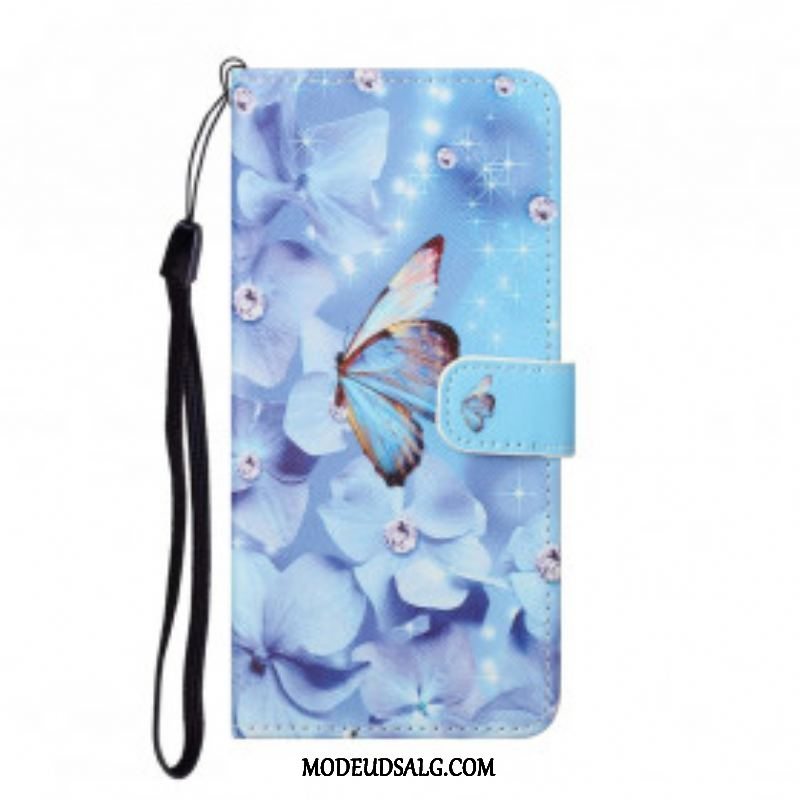 Flip Cover Xiaomi Redmi Note 10 Pro Med Snor Strappy Diamond Sommerfugle