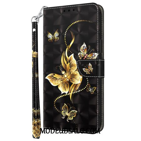 Flip Cover Xiaomi Redmi Note 13 Pro Plus 5g Gyldne Sommerfugle Med Snor