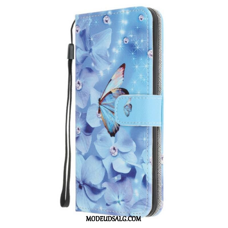 Flip Cover iPhone 13 Mini Med Snor Strappy Diamond Sommerfugle