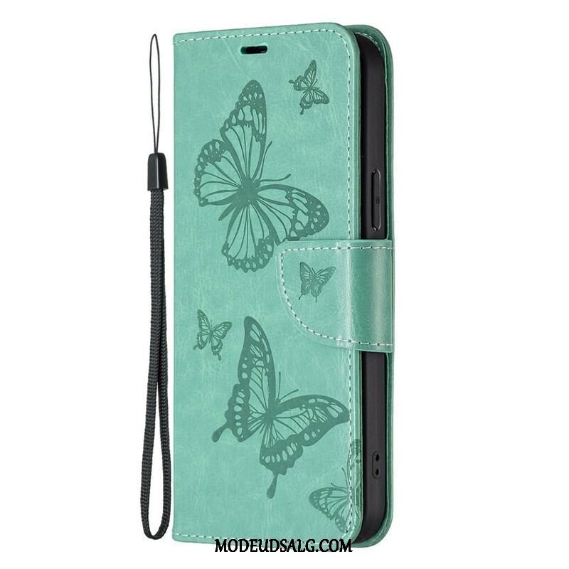 Flip Cover iPhone 13 Pro Med Snor Sommerfugle Trykt Strappy