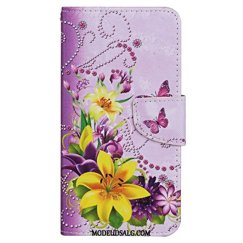 Flip Cover iPhone 15 Med Snor Sommerfugle Og Blomster Med Rem