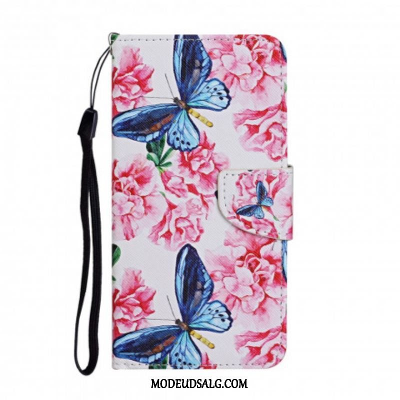 Læder Cover Samsung Galaxy A52 4G / A52 5G / A52s 5G Butterflies Floral Lanyard